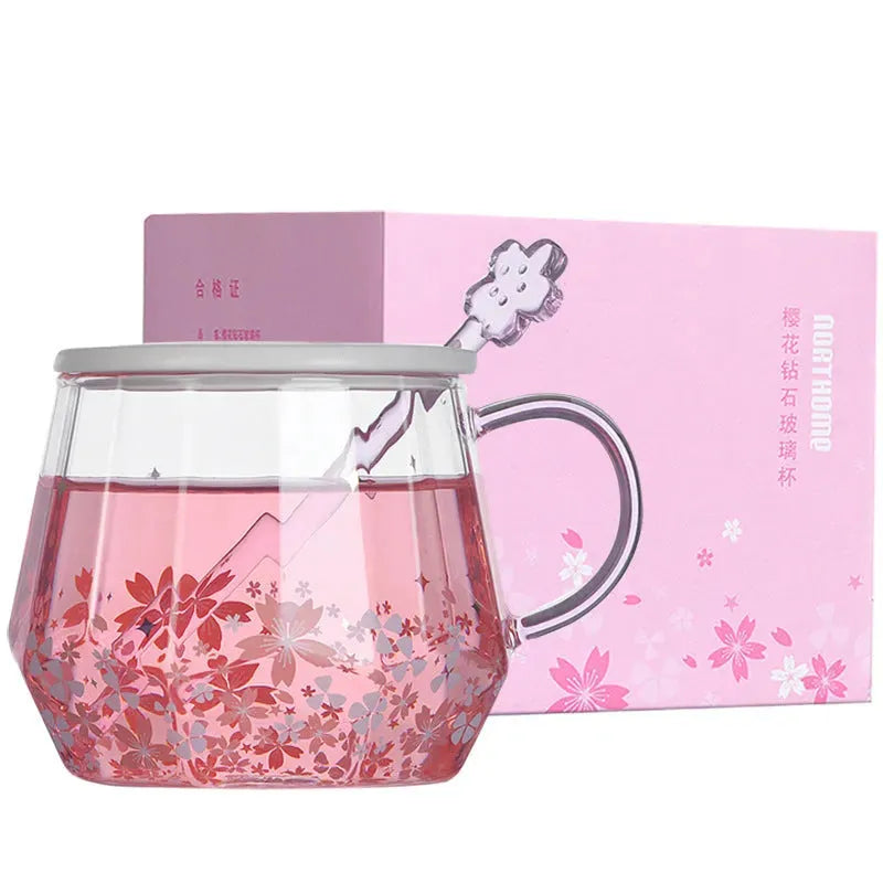 Glass Water Cup With Diamond Cherry Blossom Pattern Lovely Girl - Bellarte Enchanté Glass Water Cup With Diamond Cherry Blossom Pattern Lovely Girl